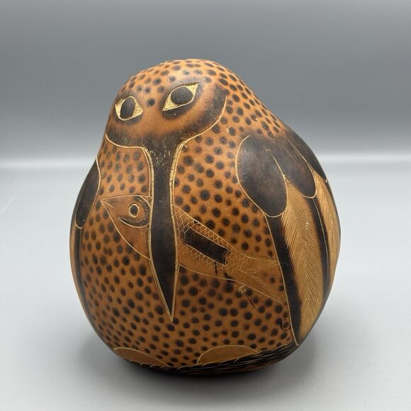 Hand Painted Carved South American Peru Kingfisher Gourd Calabash 7" Figurine - Picture 4 of 7